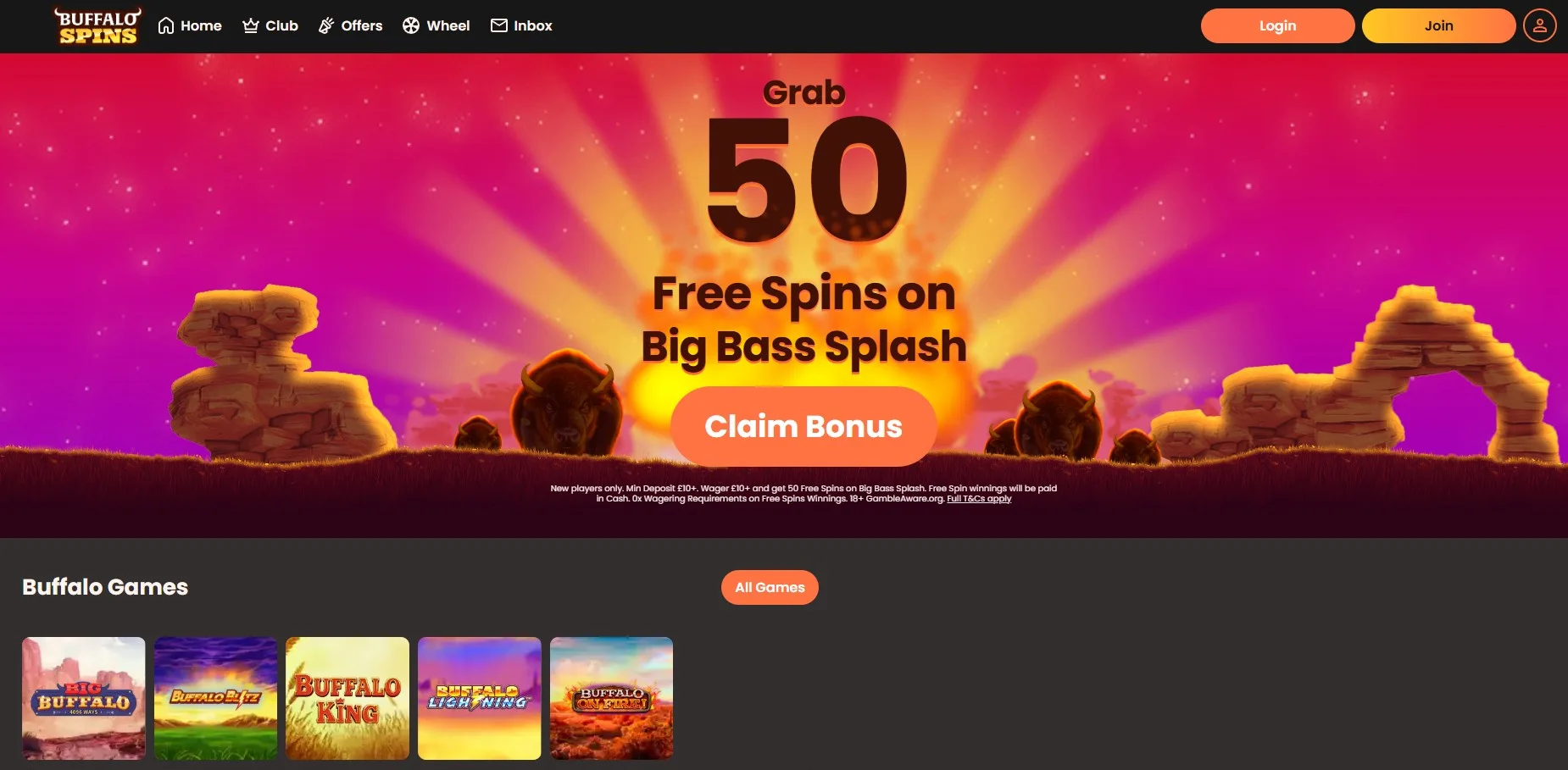 Buffalo Spins homepage showing the current brand interface and welcome offer