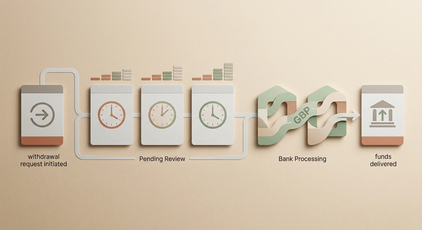 Conceptual illustration of GBP payments and a multi-stage withdrawal timeline