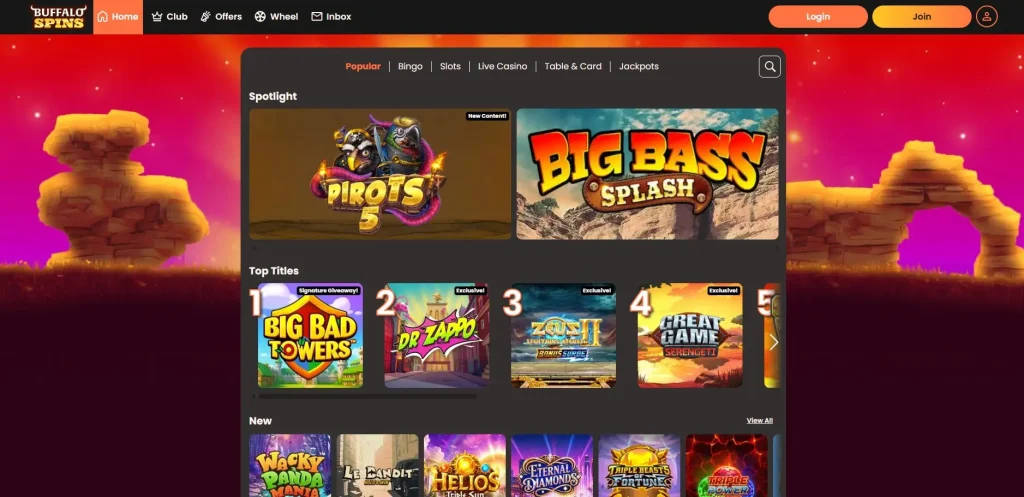 Buffalo Spins game lobby showing the current slot and casino game presentation