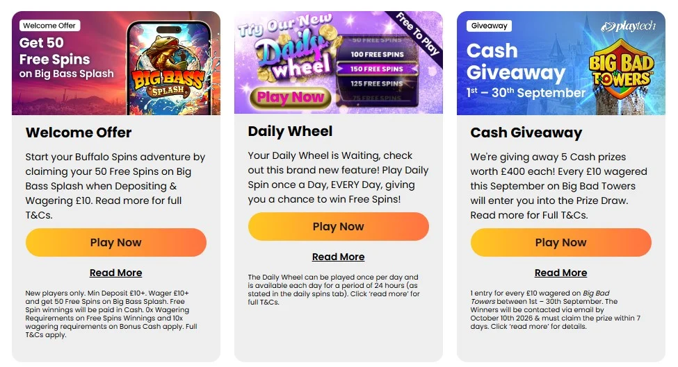 Current Buffalo Spins promotions page showing the welcome free spins offer