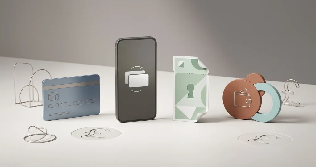 Conceptual illustration representing GBP deposits by card, e-wallet and mobile payment