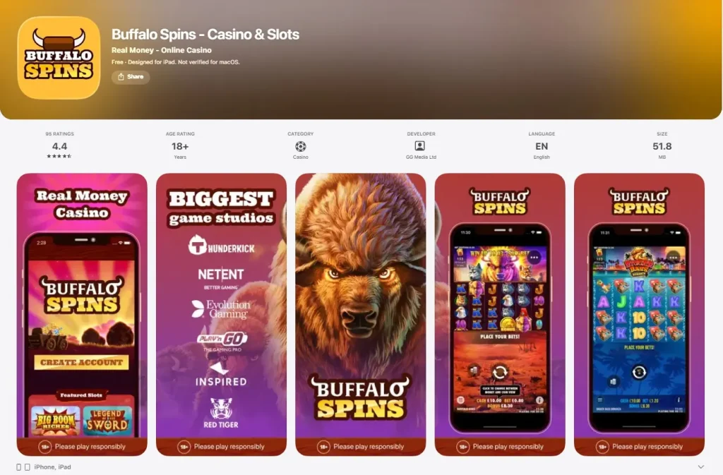 Buffalo Spins Casino and Slots listing in the UK Apple App Store