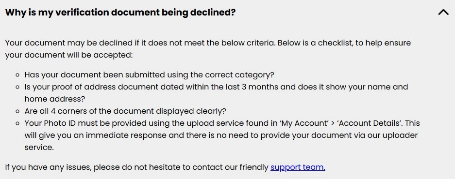 Buffalo Spins verification section showing account document requirements