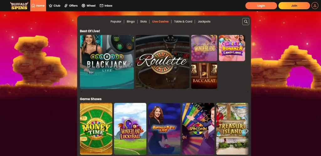 Buffalo Spins live casino or table games category shown in the current casino lobby